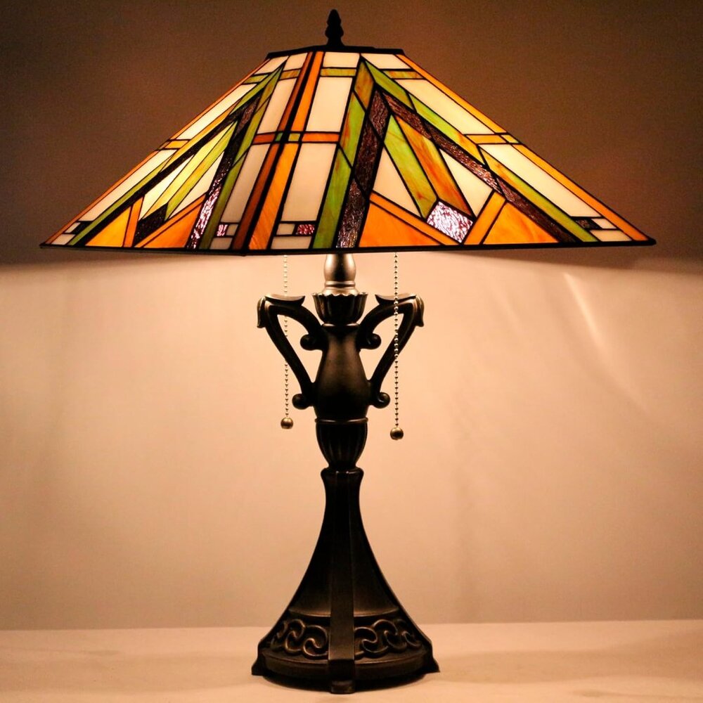 NEW! Tiffany Style Table Lamp Handcrafted Stained Glass Bronze Mission Style